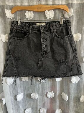 We The Free Washed Black Distressed Button-Front Denim Mini Skirt